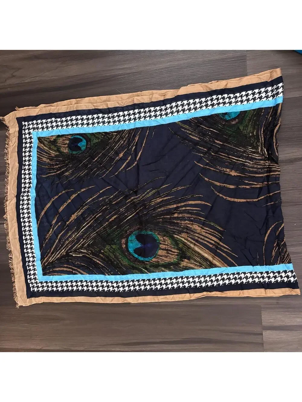 Talbots Peacock Feather Print Lightweight Scarf Wrap With Houndstooth Border